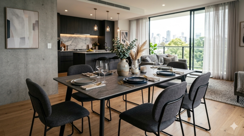 セラミックテーブルのあるリビング