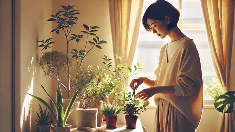 東向きの窓に置いてある植物と女性